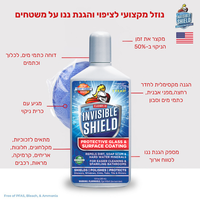 נוזל מקצועי לציפוי והגנת ננו על משטחים לטווח ארוך - Invisible shield
